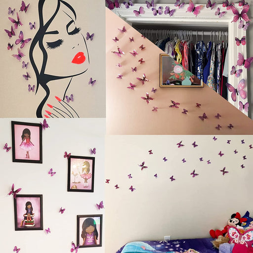 72PCS Butterfly Wall Decals 3D Butterflies Wall Art Craft Decor Removable Mural Sticker Home Kid Girl Bedroom Bathroom Baby Room Nursery Classroom Office Party Decoration (Purple)