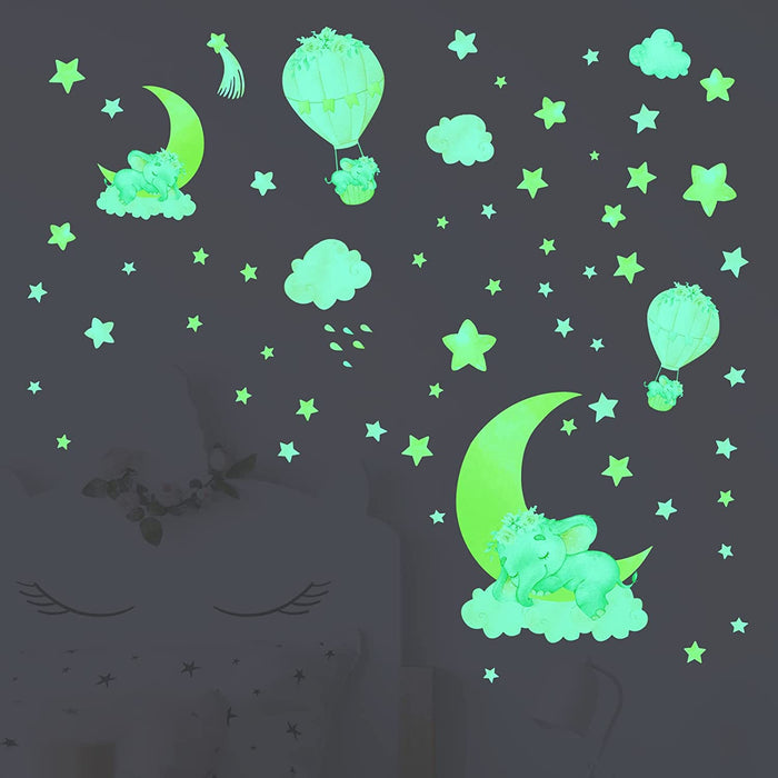 Glow in the Dark Elephant Wall Decals Stickers, Pink Moon Nursery Decor for Kids, Hot Air Balloon Star Crib Luminous Toddler Girls Home Decorations Bedroom Art