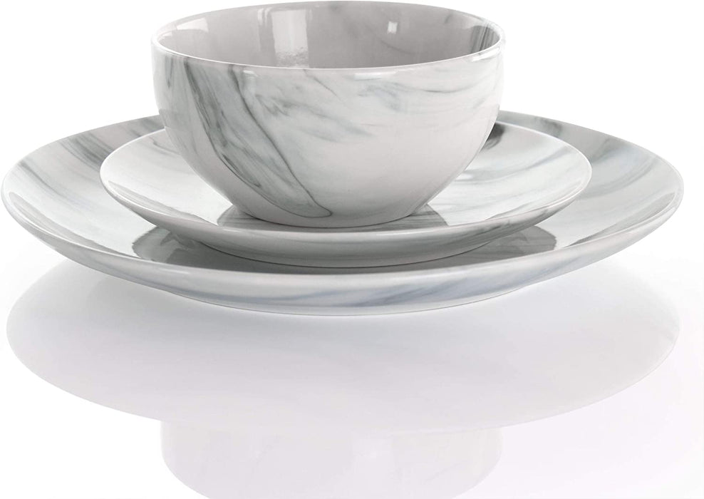Fine round Gloss Dinnerware Dish Set, 16 Piece, Black and White Marble