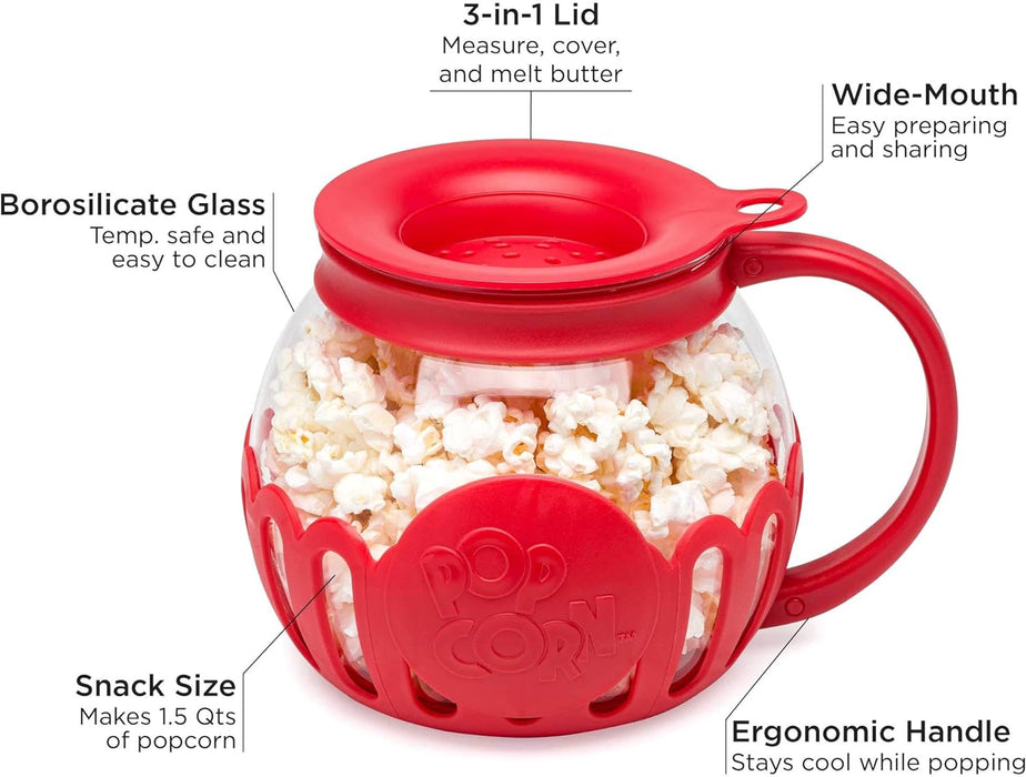 Patented Micro-Pop Microwave Popcorn Popper with Temperature Safe Glass, 3-In-1 Lid Measures Kernels and Melts Butter, Made without BPA, Dishwasher Safe, 1.5-Quart, Red