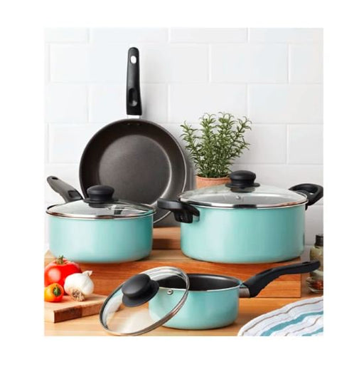 Mainstays 7 Piece Non-Stick Cookware Set Aluminum Mint, Dishwasher Safe