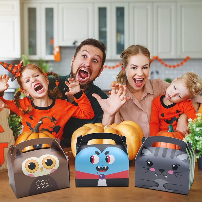 JOYIN 24 Pcs Halloween Goodie Box (5.6‘’X3.2‘’X5.4‘’) for Trick or Treat, Halloween Candy Goody Gift Boxes with Handle Bakery Boxes Halloween Party Treat Boxes for Pastry, Pie, Cupcake Cookies