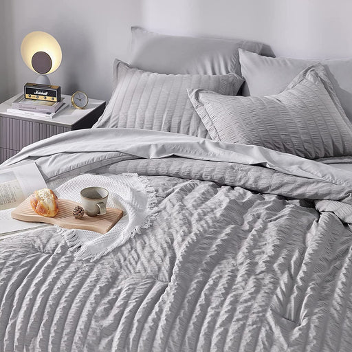 Cozylux Queen Bed in a Bag Light Grey Seersucker Textured Comforter Set with Sheets 7-Pieces All Season Bedding Sets with Comforter, Pillow Sham, Flat Sheet, Fitted Sheet and Pillowcase
