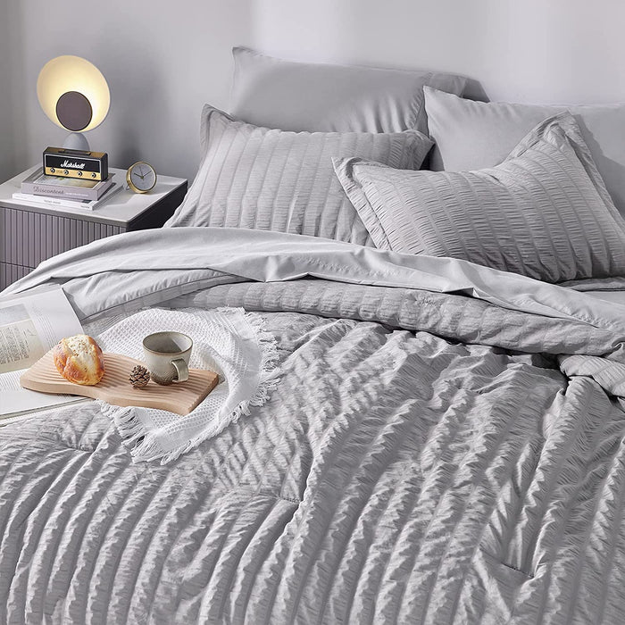 Cozylux Queen Bed in a Bag Light Grey Seersucker Textured Comforter Set with Sheets 7-Pieces All Season Bedding Sets with Comforter, Pillow Sham, Flat Sheet, Fitted Sheet and Pillowcase