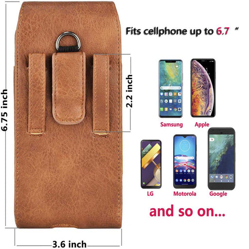 Universal Cell Phone Belt Holster Case,  Vertical Leather Belt Clip Pouch Hybrid Carrying Case W/ Snap on Cover for Cellphone up to 6.7" -Brown