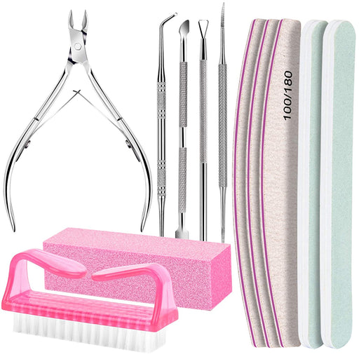 Nail Care Tool Kit,  Nail Files 100/180, Buffer Block, Cuticle Nippers, Cuticle Pusher, Cuticle Peeler, Nail Lifter for Ingrown Toenails, Toenail File, Nail Brush, for Manicure and Pedicure