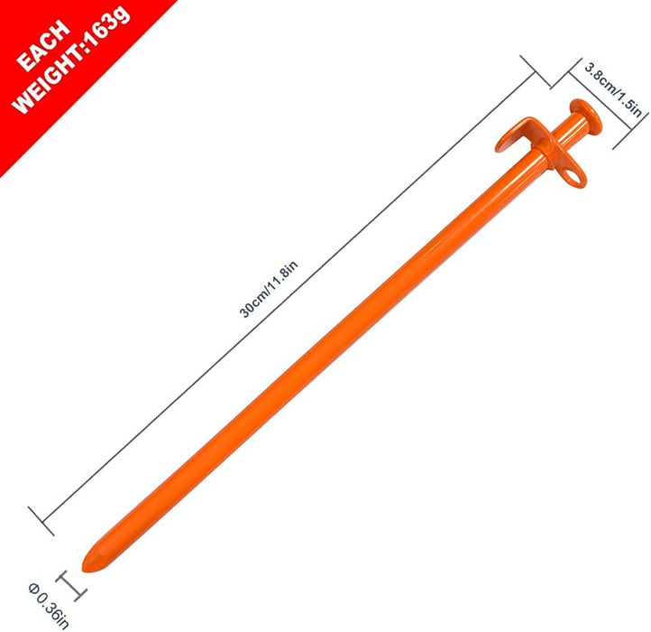 USA 12 Inch Multiuse Heavy Duty Steel Tent Stakes Tarp Pegs Camping Stakes for Outdoor Camping Canopy and Tarp with 4 Ropes 10FT Length(Orange)