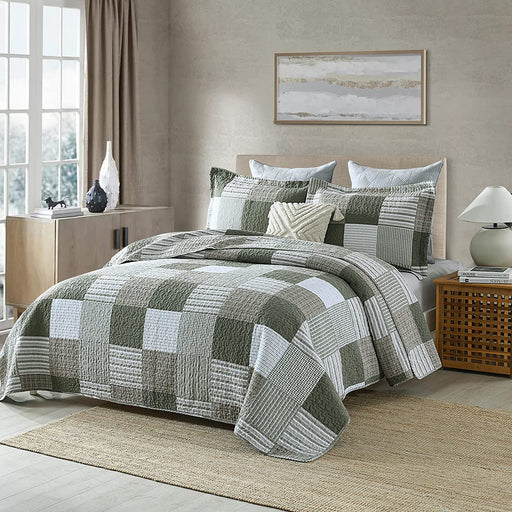100% Cotton Quilt Set Queen Size, Patchwork Plaid Queen Quilt Bedding Set Bedspreads, Farmhouse Lightweight Comforter Reversible Quilt, Green/Moonbeam Bed Spread for Queen Bed, 3 Pieces
