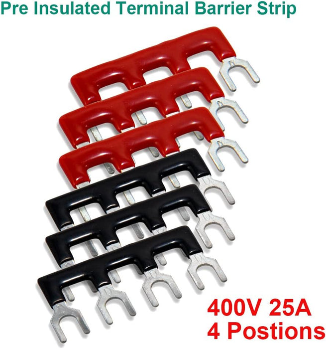 Terminal Block and Strip - 12Pcs (6 Sets) 4 Positions Dual Row 600V 25A Screw Terminal Strip Blocks with Cover + 400V 25A 4 Positions Pre-Insulated Terminals Barrier Strip Black & Red
