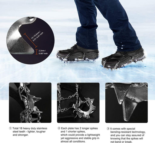 Traction Cleats Ice Snow Grips with 18 Spikes for Walking, Jogging, Climbing and Hiking