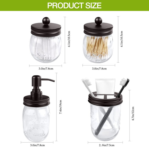 4Pcs Rustic Mason Jar Bathroom Accessories Set- Liquid Soap Pump Dispenser and 2 Small Apothecary Storage Glass Jars&Toothbrush Stand Holder for Bathroom, Farmhouse Home Decor, Kitchen Sink