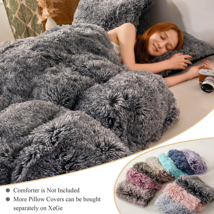 3 Piece Faux Fur Duvet Cover Set, Luxury Long Plush Fuzzy Comforter Cover Set, Ultra Soft Velvet Furry Bedding Set with 2 Pillow Covers, Zipper Closure, Queen Size, Black Ombre
