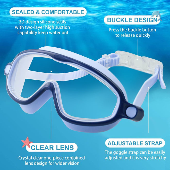 Kids Swim Goggles, Anti-Leak Anti-Fog Wide View Swimming Goggles for Boys Girls Children from 4 to 12 Years Old-Blue