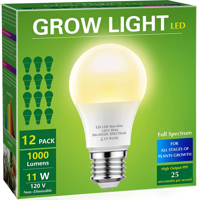 Grow Light Bulbs,  LED Grow Light Bulb A19 Bulb, Full Spectrum Grow Light Bulb, Plant Light Bulbs E26 Base, 11W Grow Bulb 100W Equivalent, Grow Light for Indoor Plants, Seed Starting, 2Pack