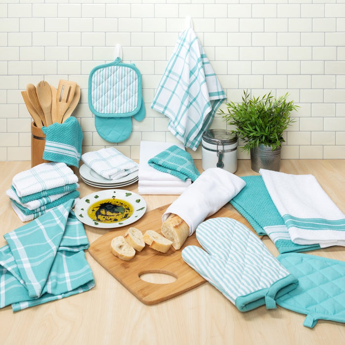 Mainstays, 20 Piece Set, Terry & Flat Kitchen Towel, Dish Cloth, Flour Sack, Oven Mitt, Pot Holder Aqua
