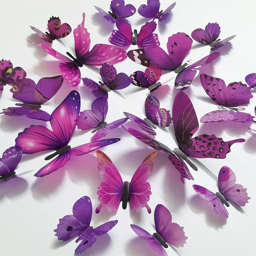 Butterfly Wall Decals 24PCS Room Decor Wall Art 3D Butterflies Mural Sticker Home Decoration Kid Girl Bedroom Bathroom Nursery Classroom Office Party Removable Decorative (Purple)