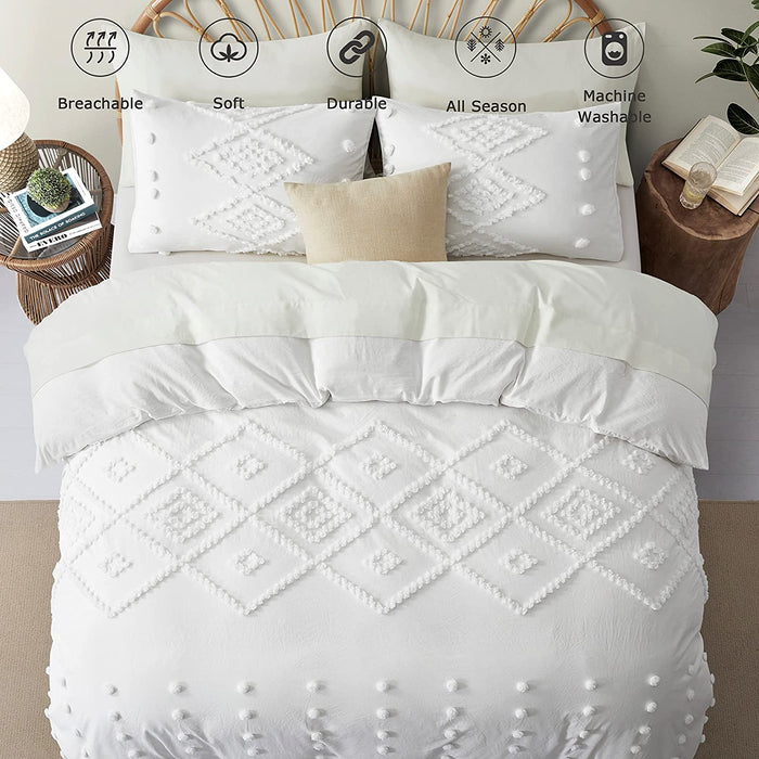 Oli Anderson Duvet Cover Queen Size, 3 Pieces Boho Tufted Bedding Set for All Seasons, Soft and Embroidery Shabby Chic Duvet Covers Set with Zipper Closure (White, Queen, 90’’ X 90’’)
