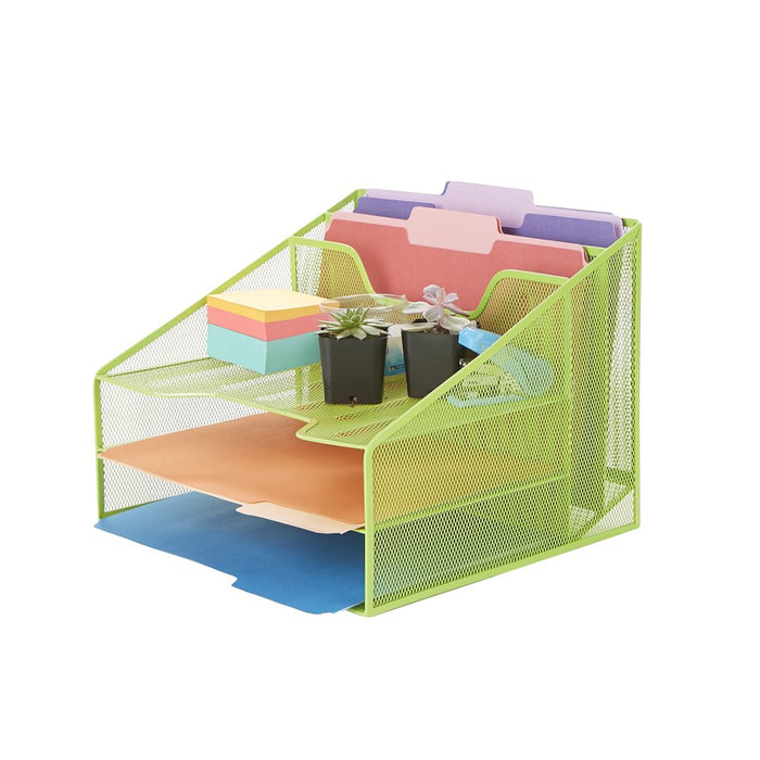 Mind Reader 3-Tier Mesh Desk File Organizer Tray with 5 Compartments, Green