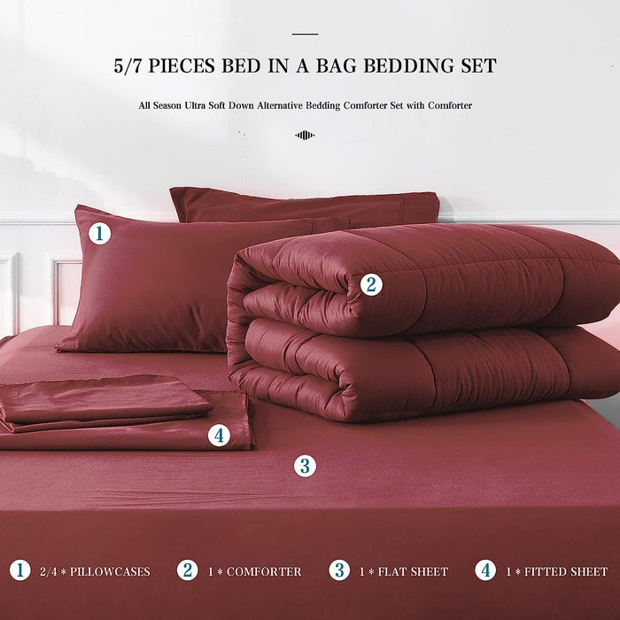 Full Size 7 Pieces Bed in a Bag Bedding Set - Lightweight Red Comforter Set, All Season Ultra Soft down Alternative Bedding Comforter Set with Comforter, Pillowcases, Flat Sheet, Fitted Sheet