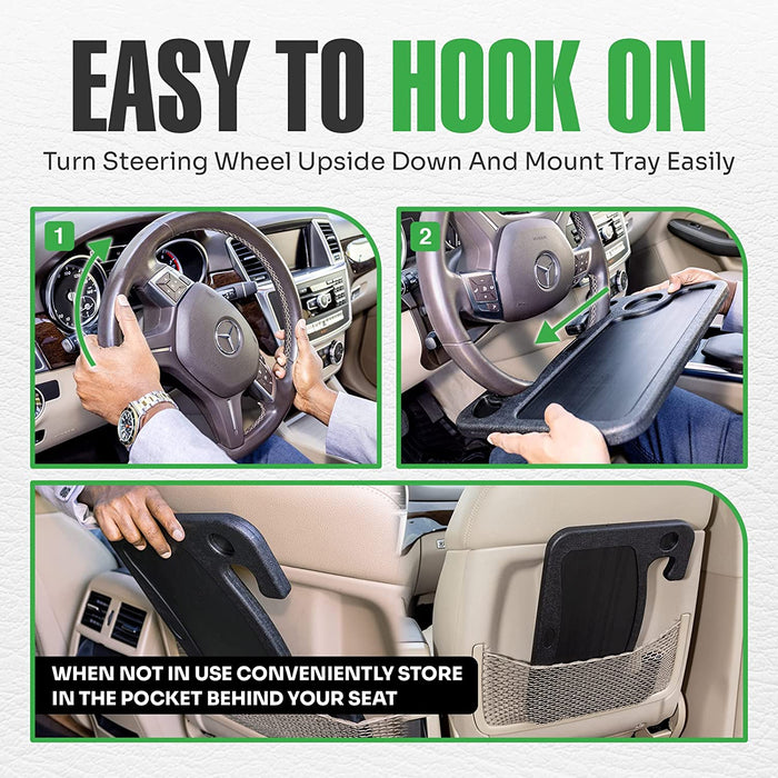 Steering Wheel Tray, Car Tray for Eating, Hook on Steering Wheel Desk for Food, Laptop and Car Accessories, Car Road Trip Must Haves Gadgets That Fits Most Vehicles Steering Wheels, Car Table Black