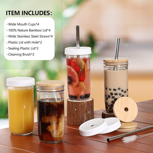 [ 4 Pack ] Glass Cups Set - 24Oz Mason Jar Drinking Glasses W Bamboo Lids & Straws & 2 Airtight Lids - Cute Reusable Boba Bottle, Iced Coffee Glasses, Travel Tumbler for Bubble Tea, Smoothie, Juice