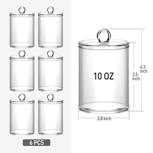 6 Pack Qtip Holder Dispenser Apothecary Jars Bathroom Accessories Set - Qtip Holder Storage Canister Clear Plastic Acrylic Jar for Cotton Ball, Cotton Swab, Q-Tips, Cotton Rounds