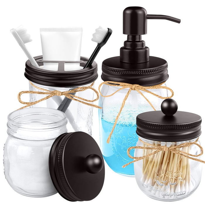 4Pcs Rustic Mason Jar Bathroom Accessories Set- Liquid Soap Pump Dispenser and 2 Small Apothecary Storage Glass Jars&Toothbrush Stand Holder for Bathroom, Farmhouse Home Decor, Kitchen Sink