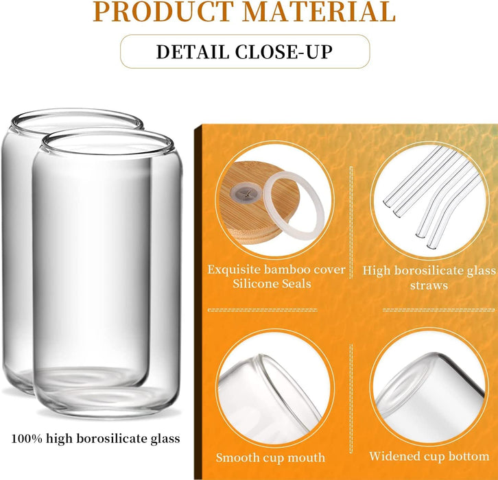 Glass Cups with Lids and Straws 4Pcs Set 16Oz Iced Coffee Cups,Glass Coffee Cups with Lids and Straw,Beer Can Glass with Lids and Straw