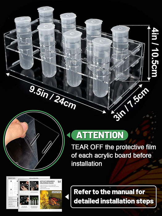 Floral Tubes Kit with Rack for Milkweed, Monarch Caterpillars Milkweed Tubes, Milkweed Cutting Feeding with Stable Acrylic Holder, 50ML Floral Vials for Butterfly Caterpillars Supplies