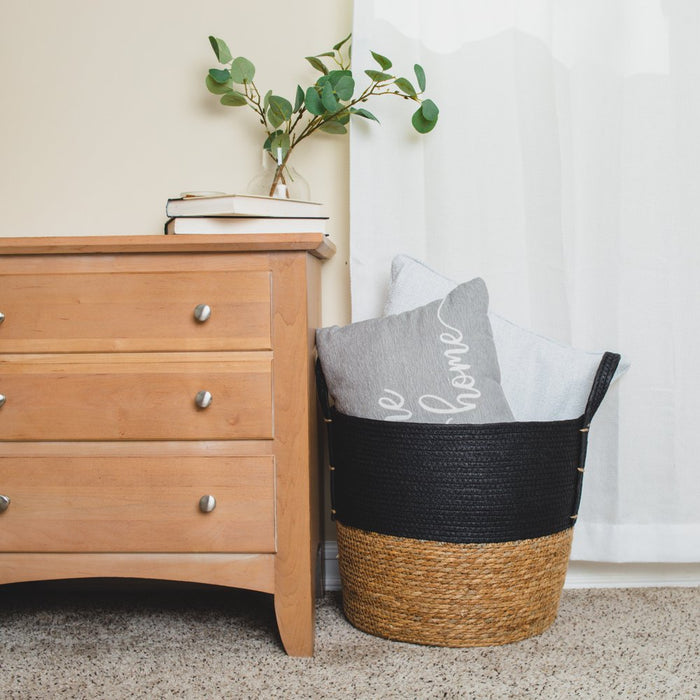 Set of 2 Natural round Storage Basket, Braided Seagrass & Paper Rope (XL+LG), Natural & Black