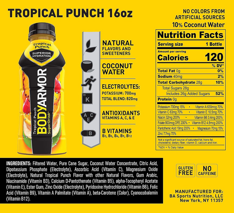 BODYARMOR Sports Drink Sports Beverage, Tropical Punch, Natural Flavor with Vitamins, Potassium-Packed Electrolytes, Perfect for Athletes, 16 Fl Oz (Pack of 12)