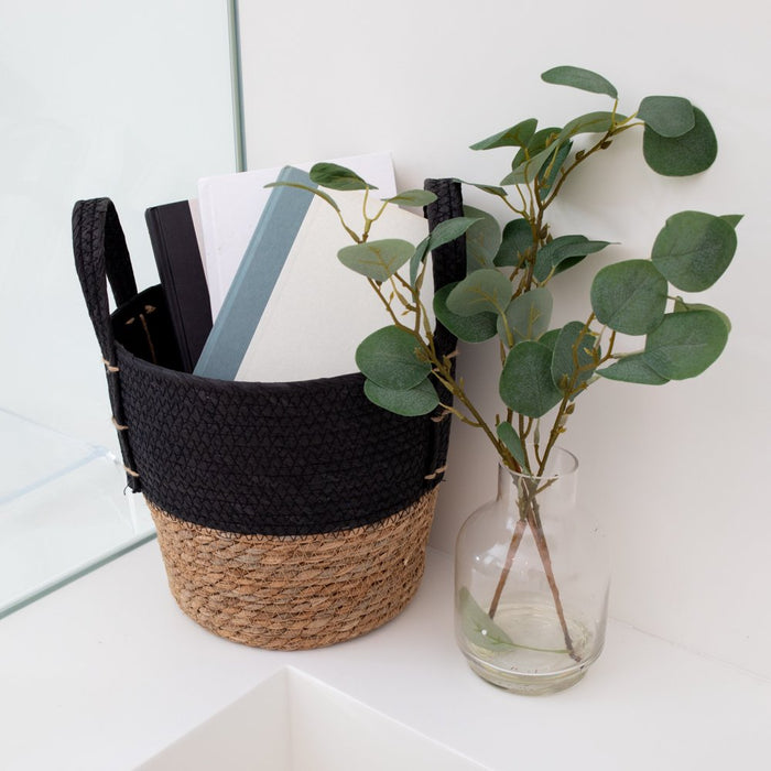 Set of 2 Natural round Storage Basket, Braided Seagrass & Paper Rope (MD+SM), Natural & Black