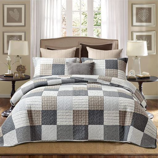 100% Cotton Quilt Set Queen Size,Patchwork Plaid Queen Quilt Bedding Set Bedspreads,Farmhouse Lightweight Comforter,Grey/Gray/Black/Tan/White/Cream Reversible Quilt for Queen Bed,3 Pieces