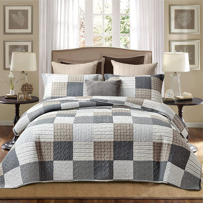 100% Cotton Quilt Set Queen Size,Patchwork Plaid Queen Quilt Bedding Set Bedspreads,Farmhouse Lightweight Comforter,Grey/Gray/Black/Tan/White/Cream Reversible Quilt for Queen Bed,3 Pieces