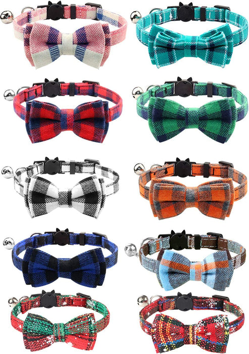 Breakaway Cat Collar with Cute Bow Tie and Bell, Plaid Patterns, 1 Pack Girl Boy Kitty Safety Collars, Blue