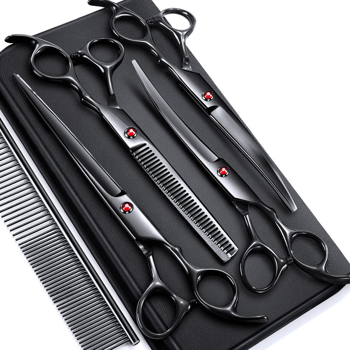 Professional 4CR Stainless Steel Safety round Tip 6 in 1 Dog Scissors for Grooming, Heavy Duty Titanium Coated Pet Grooming Scissor for Dogs, Cats and Other Animals