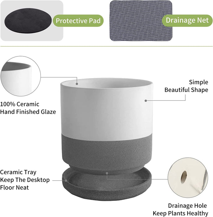 6Inch Modern Cylinder Matte Ceramic Planter Pot with Drainage Hole and Saucer , Planter Pot for Indoor Outdoor Plants Flowers , White/Gray