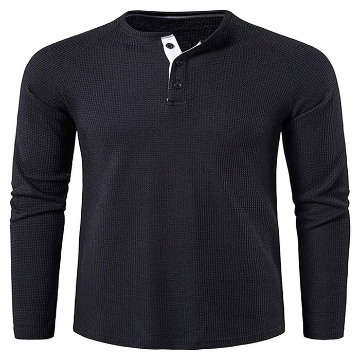 Mens Fashion Waffle T Shirts Henley Neck Solid Color Pullover Work Long Sleeve T-Shirt Black XL
