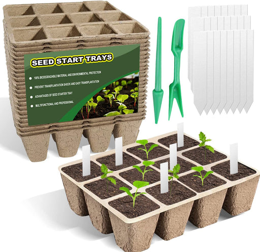 288 Cells Seedling Start Trays with Drain Holes,24 Pcs Peat Pots Seedling Pots Biodegradable,Seedling Starter Kit,Organic Germination Plant Starter Trays(24Xlabels,2Xtransplant Tools,24Pcsxtrays)
