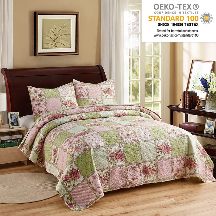King Quilt Set, 3-Piece Quilt Sets with 2 Pillow Shams - Boho Reversible Soft and Lightweight Quilt Bedding Bedspread Coverlet Set, Garden