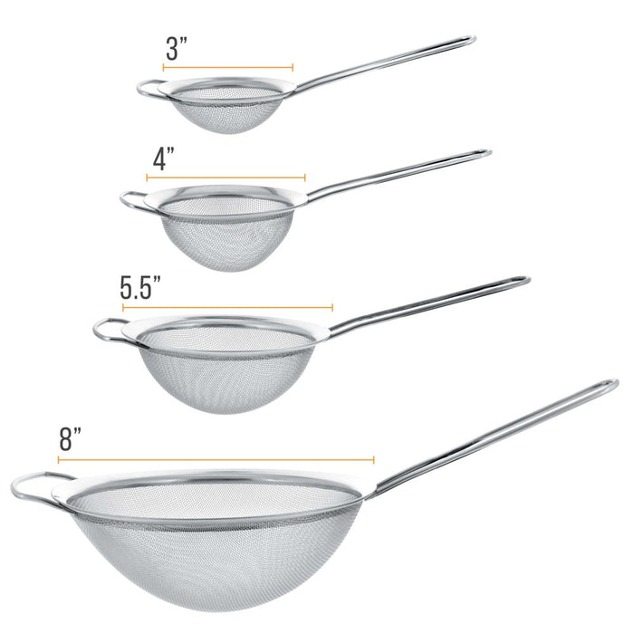 Set of 4 Fine Mesh Stainless Steel Strainers with Wide Ear Design, 3", 4", 5.5", 8"