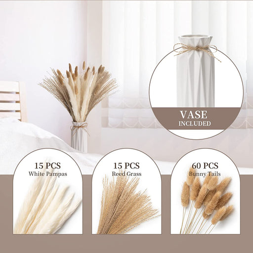 Pampas Grass with Vase Included, 90Pcs Dried Pampas Grass Decor, Natural Dried Pampas Grass, Fluffy Pampas Grasses for Home Decor Wedding Boho Decor