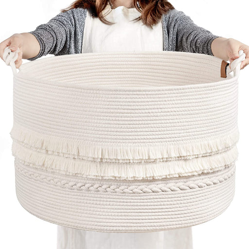 Large White Woven Storage Basket, Boho Decorative Basket for Home Decor, Towel Basket for Bathroom, Bedroom, Living Room, Baby Nursery Basket for Clothes, Toys, Blankets, 22 X 14 Inches