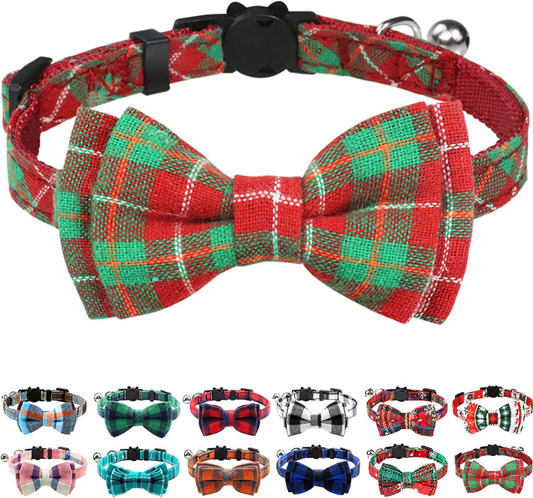 Breakaway Cat Collar with Cute Bow Tie and Bell, Plaid Patterns, 1 Pack Girl Boy Kitty Safety Collars, Blue