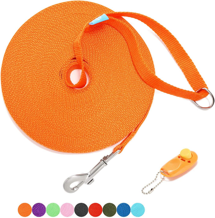 BAAPET 15 Ft 20 Ft 30 Ft 50 Ft 100 Ft Long Dog Training Leash for Dog Training, Play, Camping, or Backyard Lead with Training Clickers for Small, Medium and Large Dogs or Cats (30 Feet, Purple)