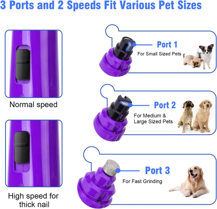 Dog Nail Grinder with LED Light - Upgraded 2-Speed Electric Pet Nail Trimmer Powerful Painless Paws Grooming & Smoothing for Small Medium Large Dogs & Cats (Purple)