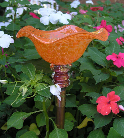 Tangerine Hand Blown Glass Butterfly Feeder with 30" Copper Stake