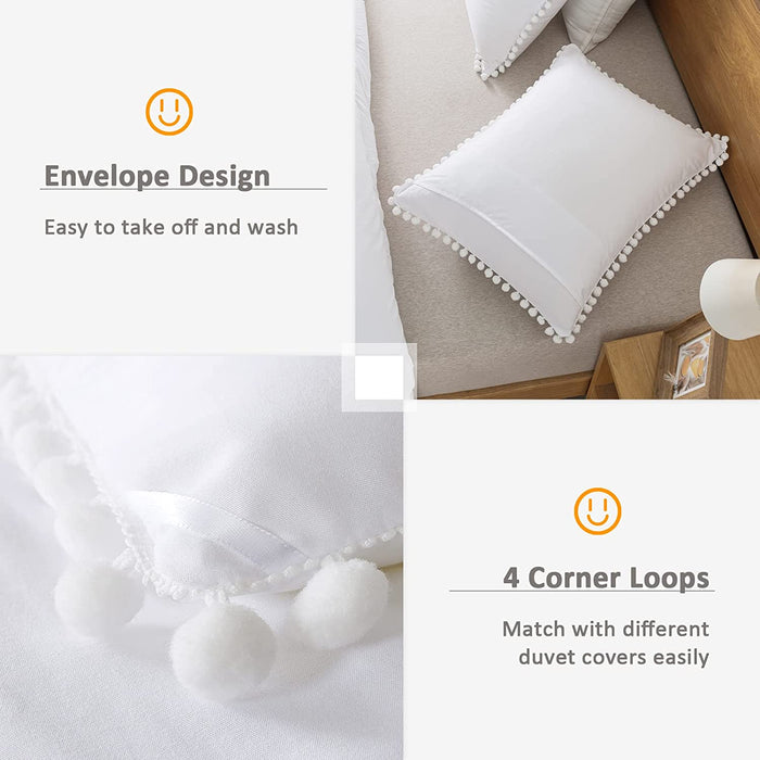 White Pom Pom Fringe Comforter Full(79X90 Inch), 3 Pieces(1 Boho Comforter and 2 Pillowcases) Aesthetic Ball Pom Comforter, Lightweight Soft Microfiber down Alternative Bedding Set
