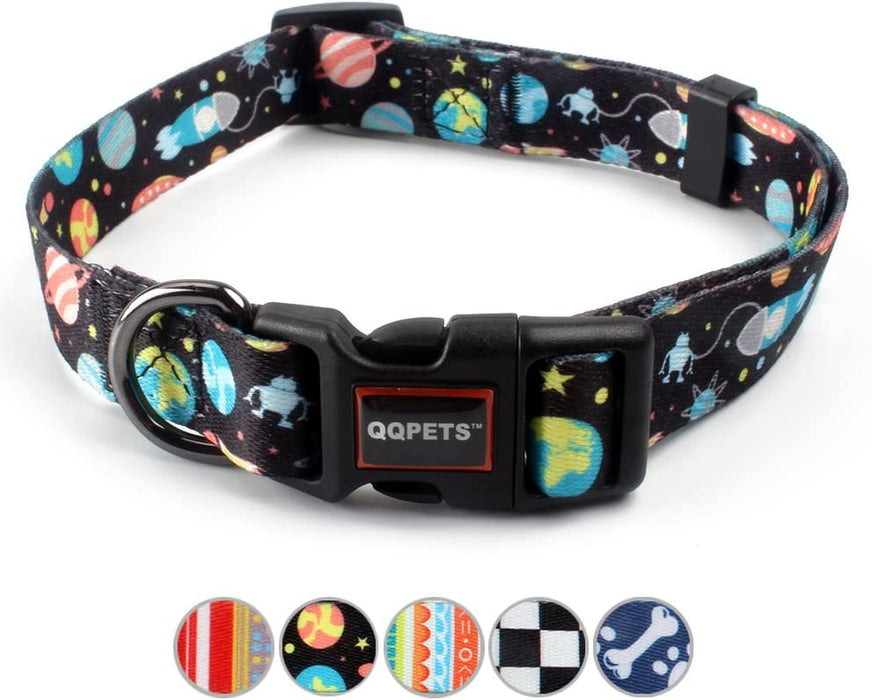 QQPETS Adjustable Soft Dog Collar: Print Flower Pink Multicolor Cute Patterns for XS Small Medium Large Pet Girl Boy Puppy Walking Running Training (M, Bone)