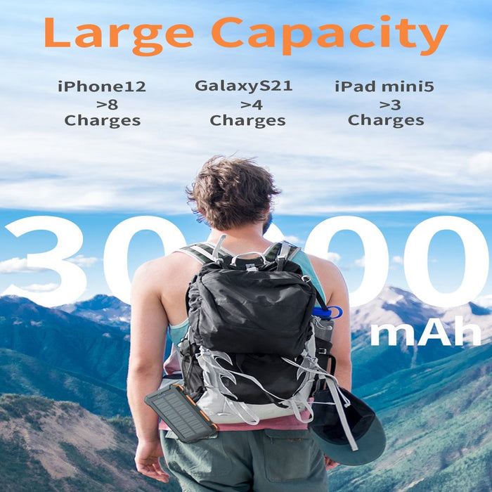 Durecopow 30000Mah Solar Charger for Cell Phone Iphone, Portable Solar Power Bank with Dual 5V USB Ports, 2 Led Light Flashlight, Compass Battery Pack for Outdoor Camping Hiking (Orange)